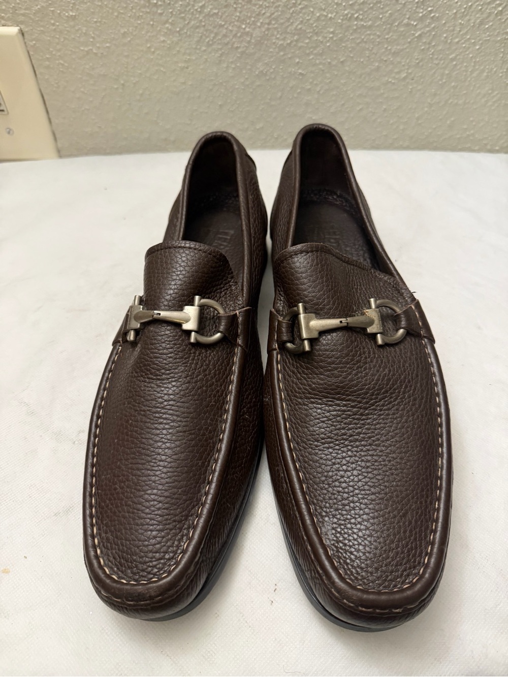 Salvatore Ferragamo Dark Brown Pebbled Leather Bit Loafers, pre-owned,SZ10.5